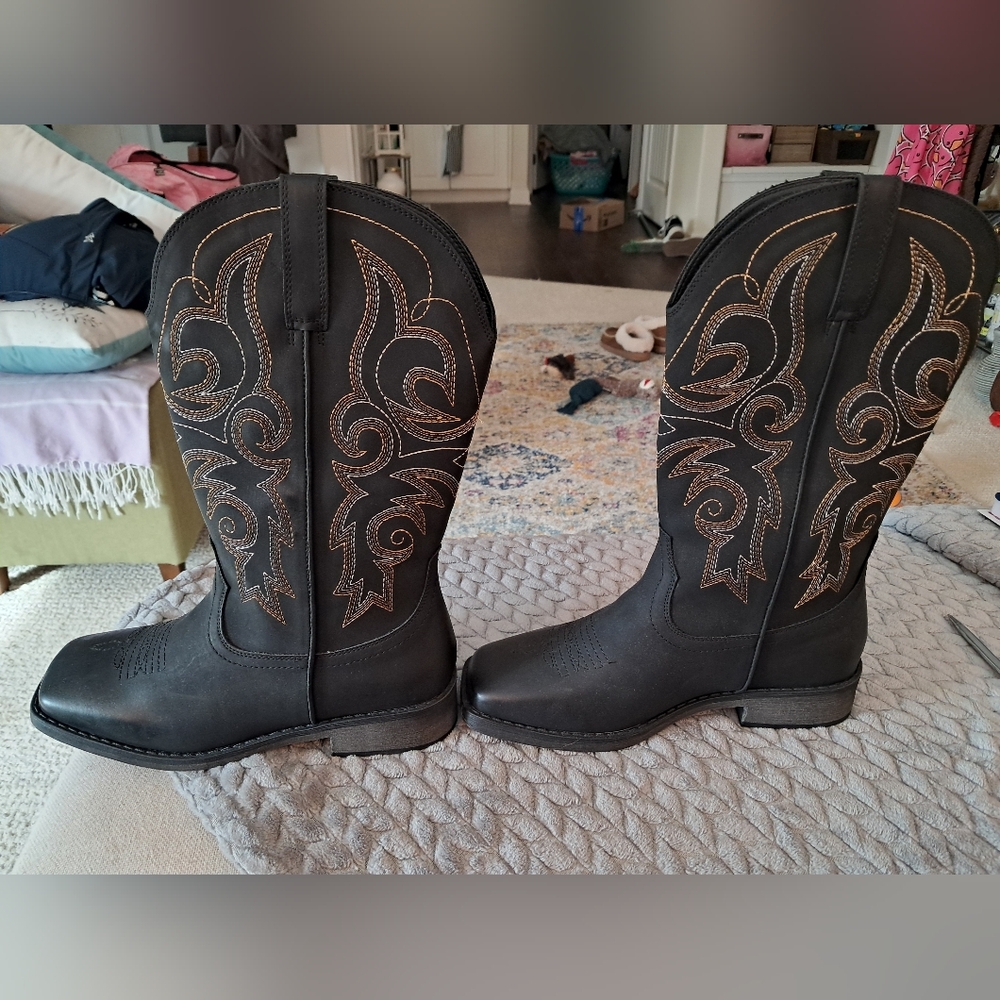 SheSole New Black Western Cowboy Boots with Gold Stitching Sz 7 - Picture 3 of 6